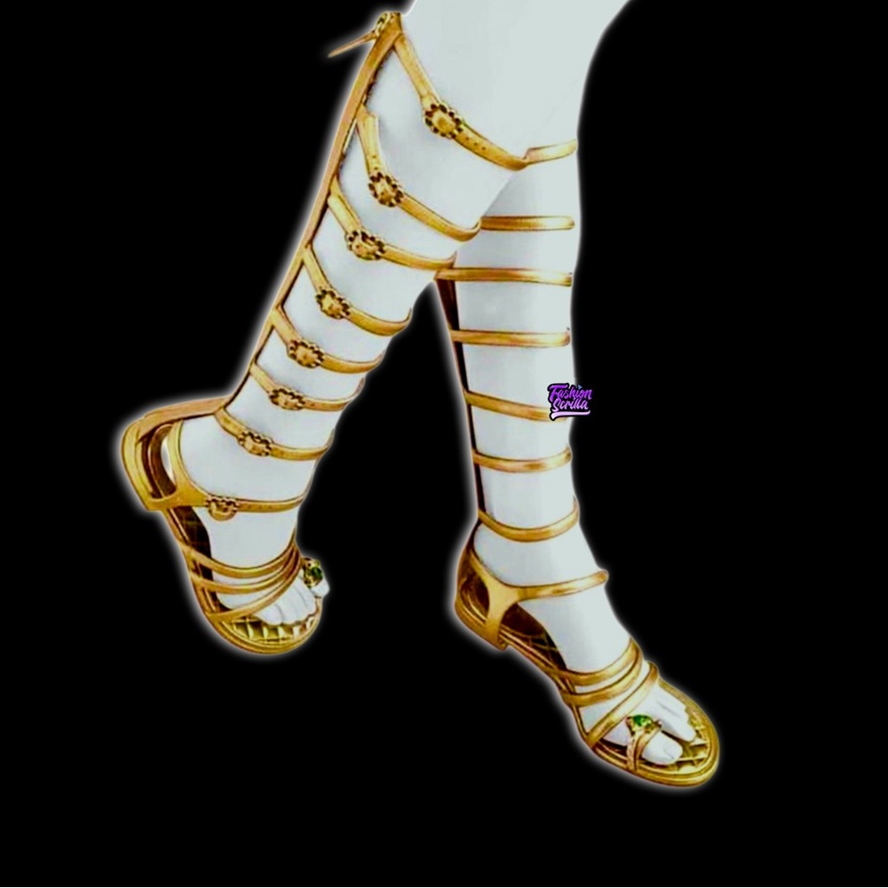 Chanel Leather Knee High Gripoix Embellished ‘CC’ Logo Gold Gladiator Sandals - Picture 12 of 12